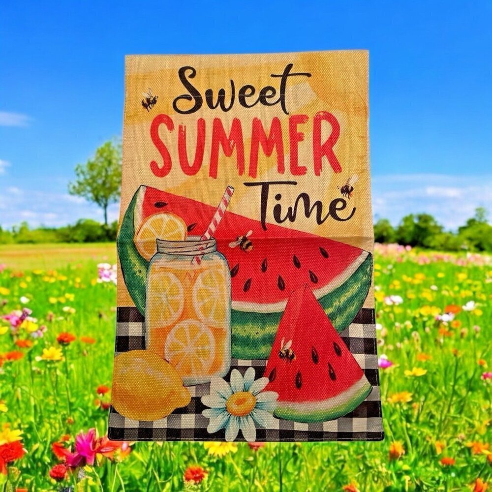 Sweet Summer Time Watermelon Lemonade Garden Flag Burlap 12"x18" Double-Sided